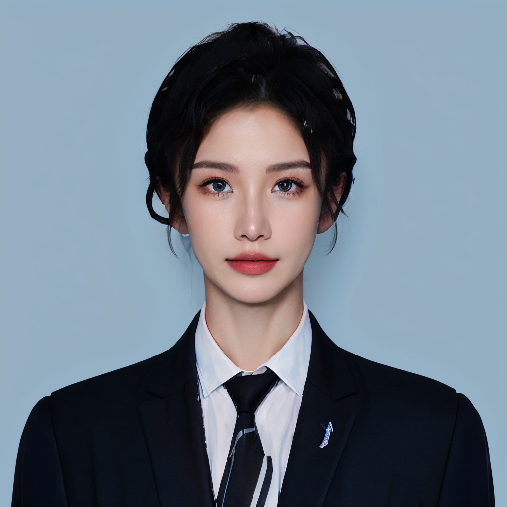 01026-448103513-_lora_id photo_0.6_,blue id photo,1girl,necktie,solo,(((female faces))),black hair,black necktie,shirt,jacket,looking at viewer,.png